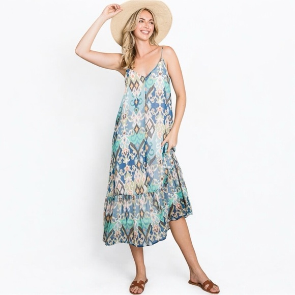 NWT Sleeveless Boho Ruffle Printed Woven Blue Green Cami Maxi Dress - Picture 7 of 12